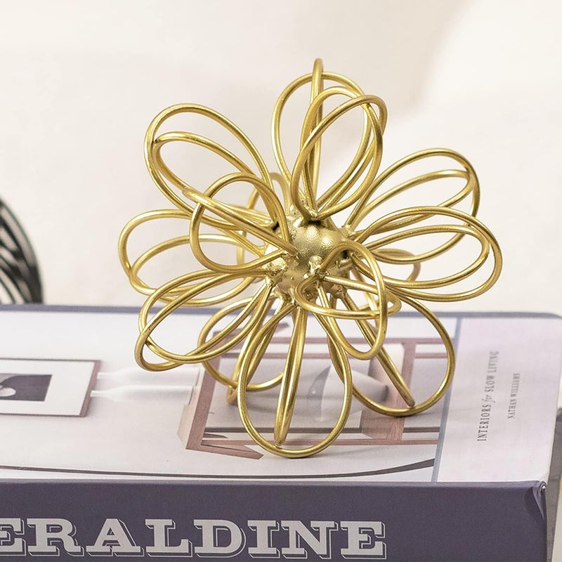 TICKCACY 5.5" Metal Geometric Table Top Decor, Gold Abstract Floral Sculpture, Modern Metal Geometric Decorative Sphere, Table Art Decorations Orb for Living Room Bedroom Office Home Decor - Image 2